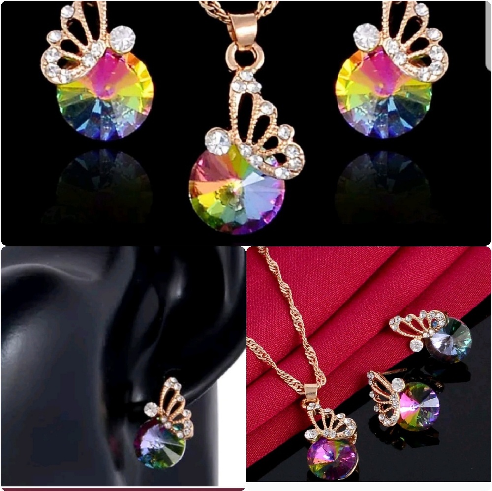 Gold - Multicolor Crystal Butterfly Necklace/